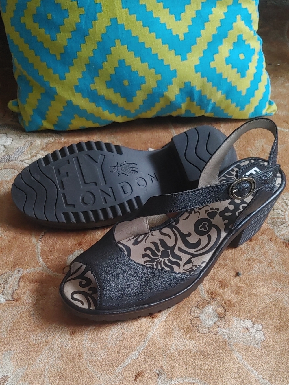 Fly London Wedges. Size 40, Black Leather Peep Toe Sandal.
